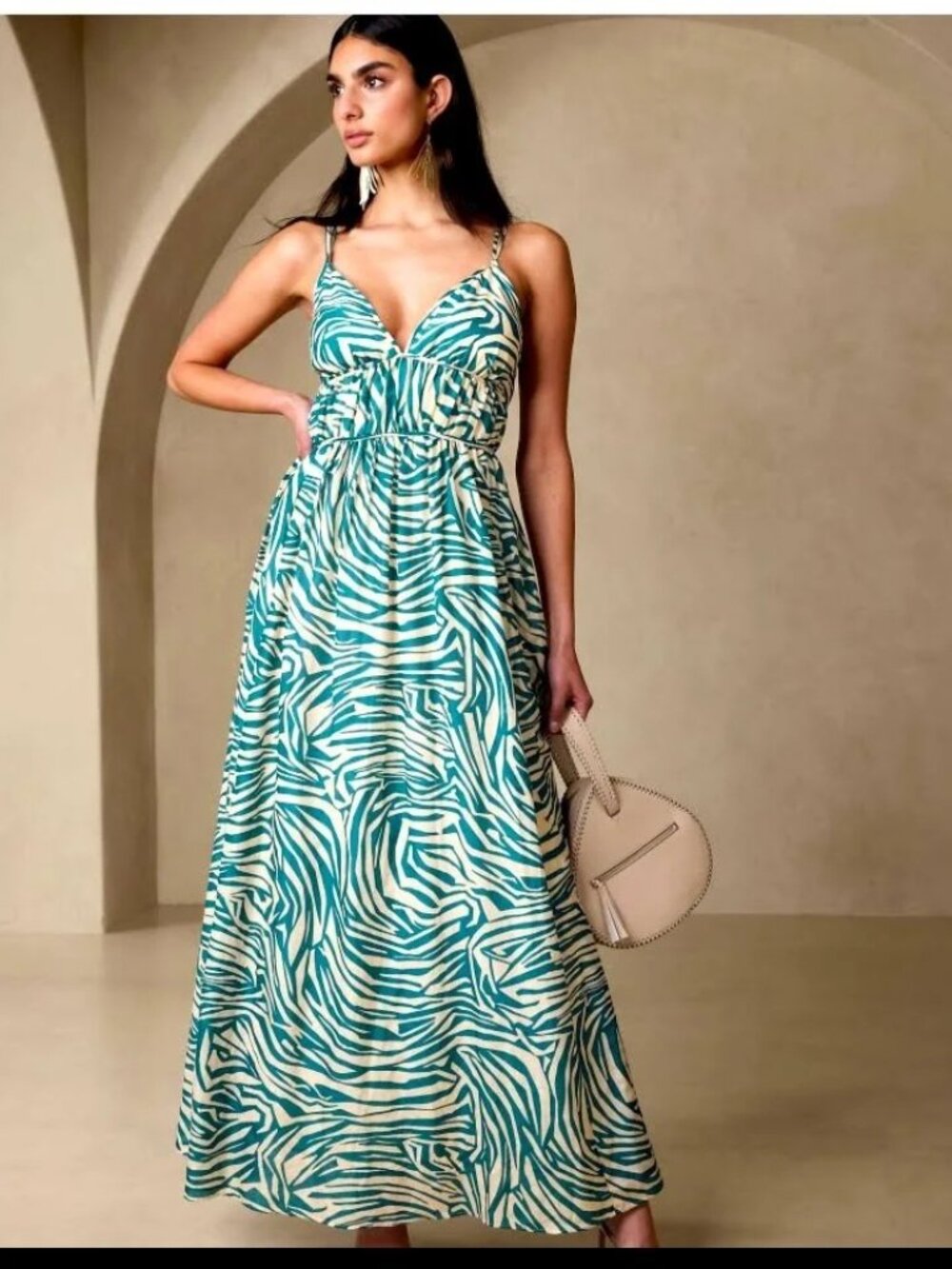 Banana Republic Rosalia Sleeveless Maxi Dress Size 8 Teal Zebra Cotton Silk